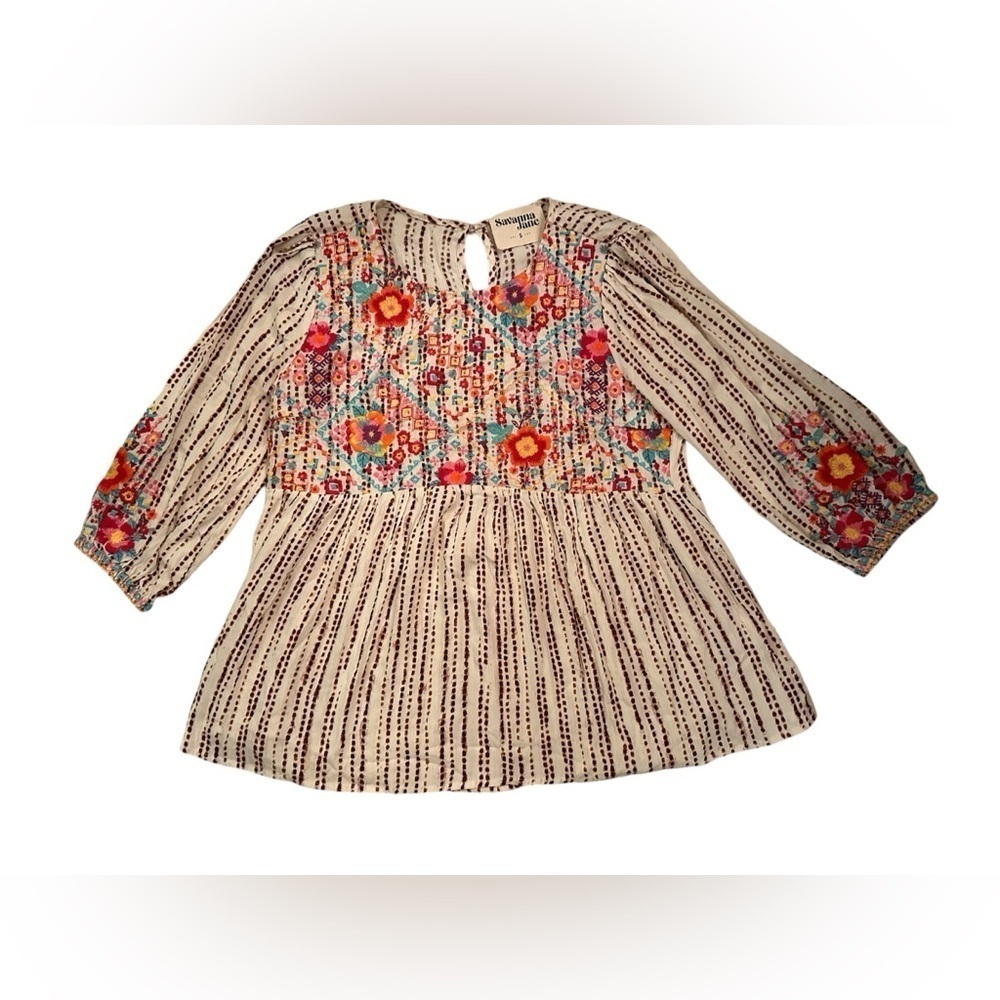 Savanna Jane Small Cream and Brown Striped Floral Embroidered 3/4 Sleeve